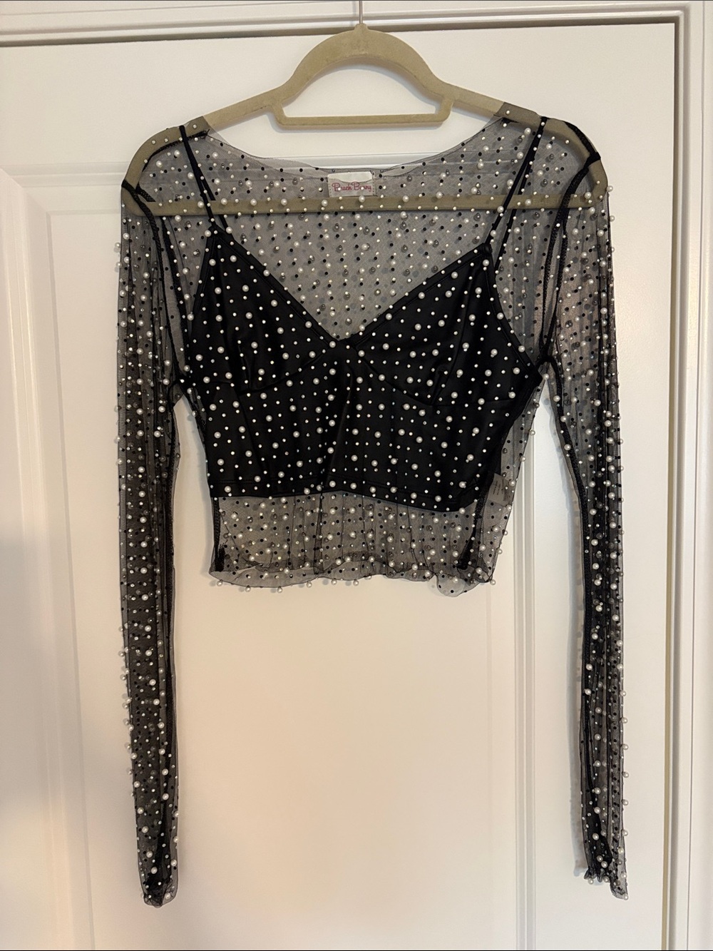 Beach Bunny Black Sheer Pearl-Embellished Long Sleeve Crop Top